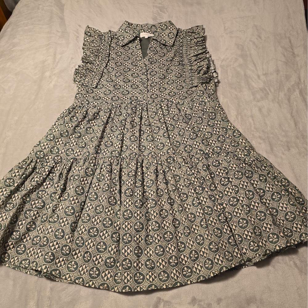 Entro Geometric Ruffle Sleeve Dress Size Small Boho, 3 Button Cottagecore Flowy